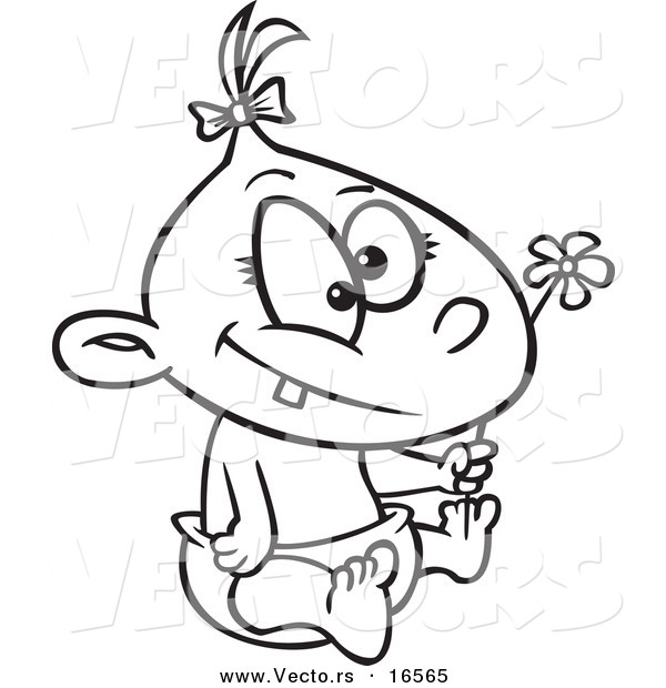 600x620 Vector Of A Cartoon Baby Girl Holding A Flower