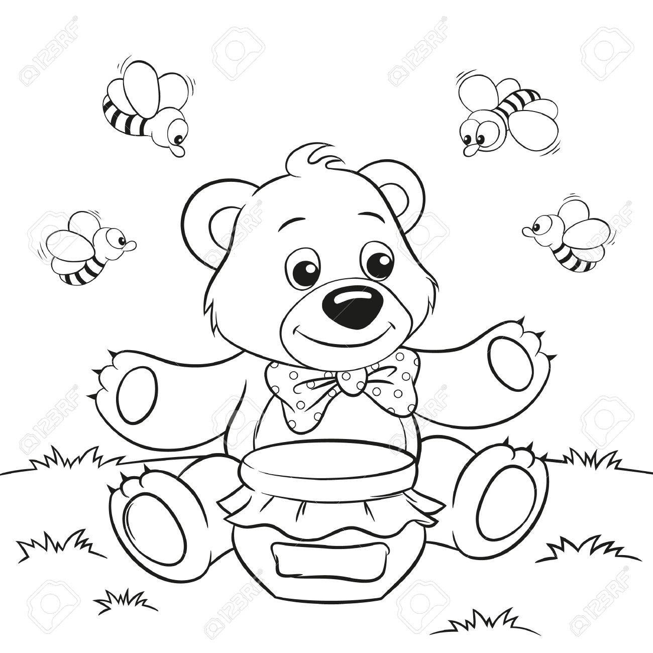 1300x1300 Vector Illustration Of Cute Cartoon Bear With Honey And Bees