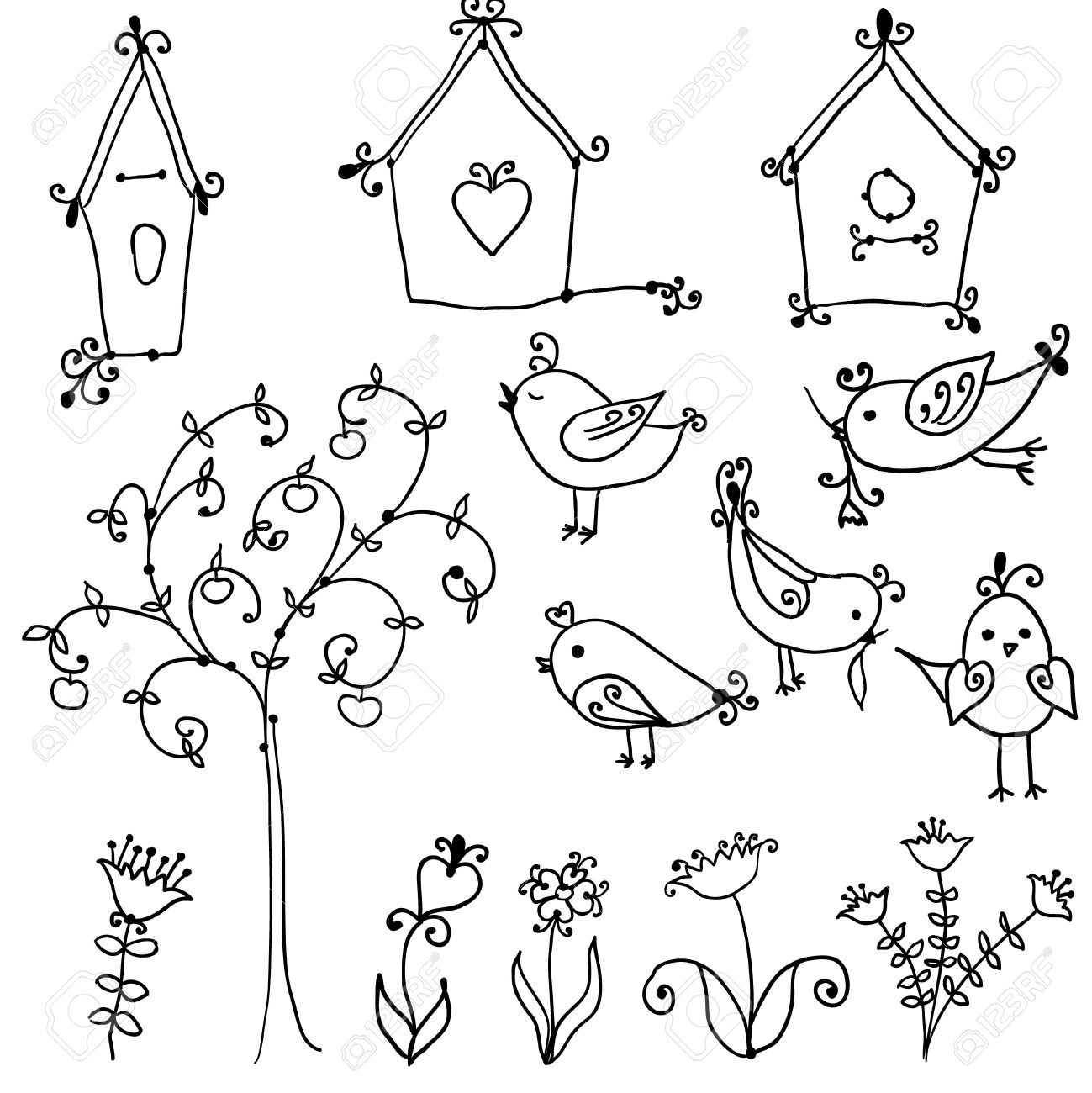 1299x1300 Set Of Cute Cartoon Birds, Tree And And Bird Nesting Boxes Royalty