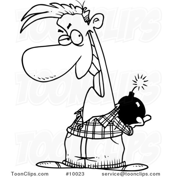 581x600 Cartoon Black And White Line Drawing Of A Prankster Holding A Bomb
