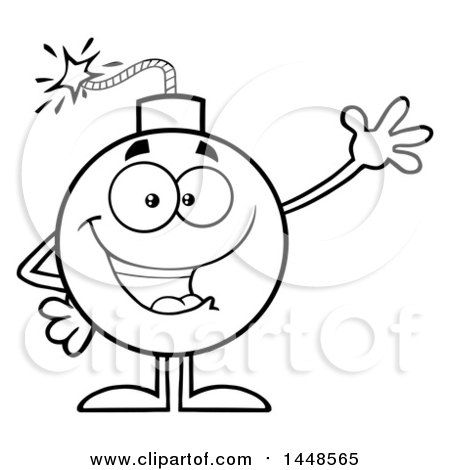450x470 Clipart Of A Cartoon Black And White Lineart Waving Bomb Mascot