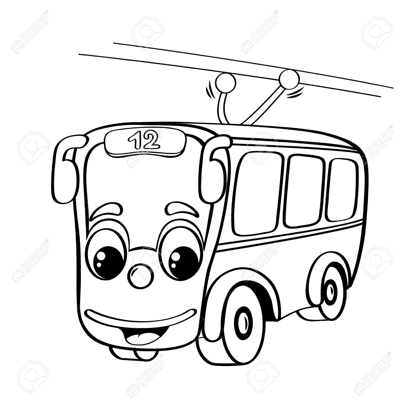 1300x1300 Funny Cartoon Trolley Bus. Black And White Illustration