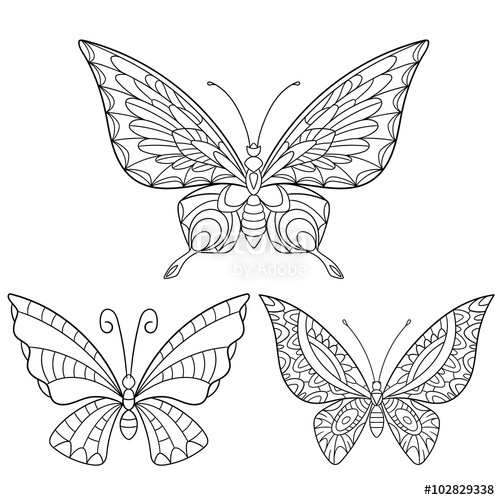 500x500 Zentangle Stylized Cartoon Collection Of Butterflies Isolated