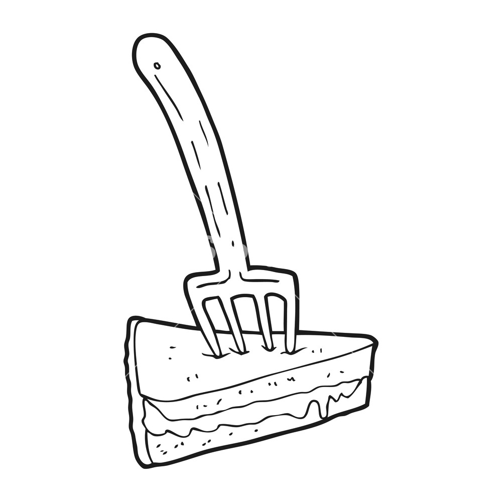 1000x1000 Freehand Drawn Black And White Cartoon Cake With Fork Royalty Free