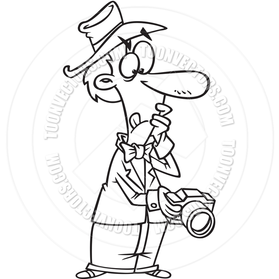 940x940 Cartoon Man With Camera (Black And White Line Art) By Ron Leishman
