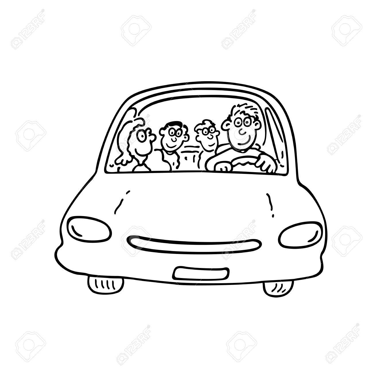 1300x1300 Happy Family On The Car. Outlined Cartoon Handrawn Sketch
