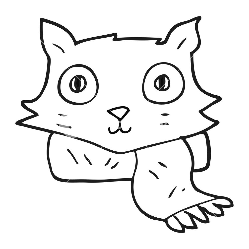1000x1000 Freehand Drawn Black And White Cartoon Cat Wearing Scarf Royalty