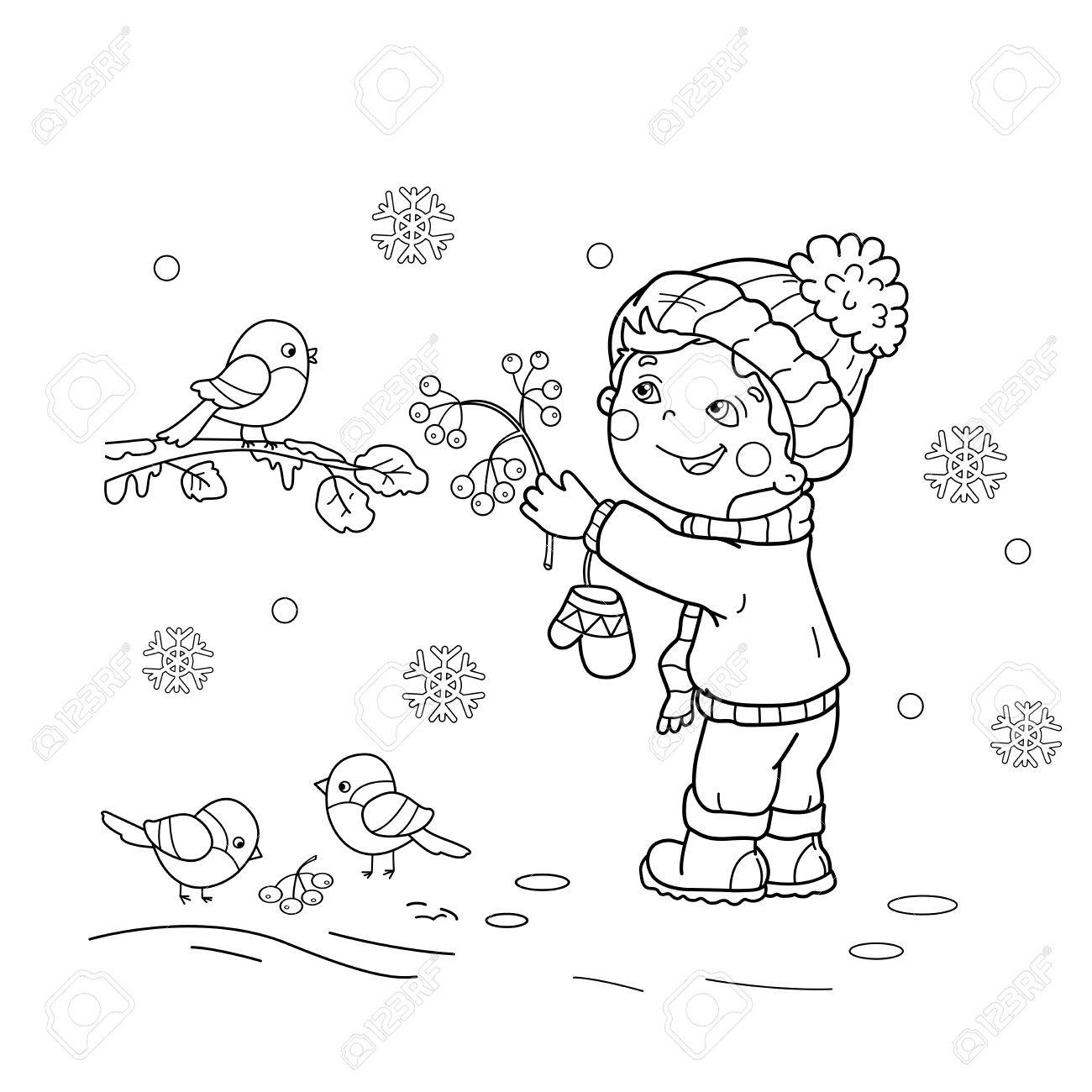 1300x1300 Coloring Page Outline Of Cartoon Boy Feeding Birds. Winter