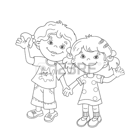 450x450 Coloring Page Outline Of Cartoon Girls Holding Hands. Coloring