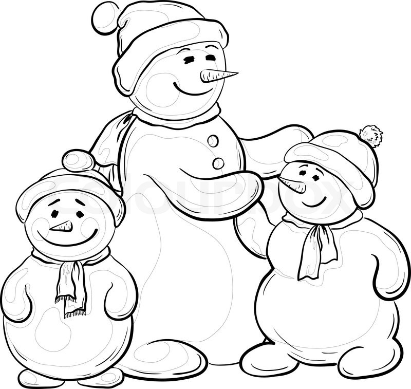800x757 Cartoon, Monochrome Contours Snowmens Mother And Children Vector