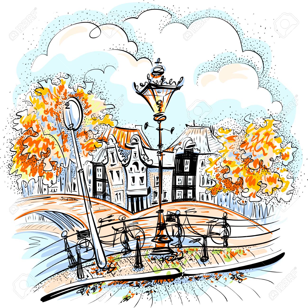 1300x1300 Color Hand Drawing, City View Of Amsterdam Typical Houses, Bridges