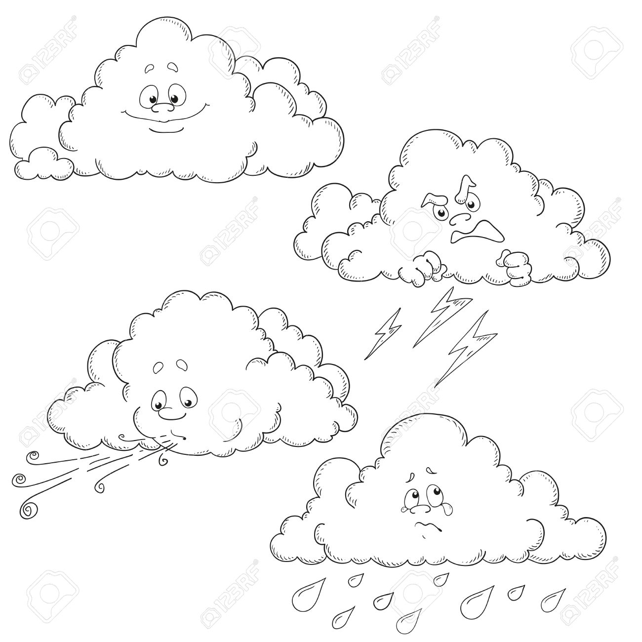 1300x1300 Set Of Cartoon Clouds. Characters For Coloring Book. Different