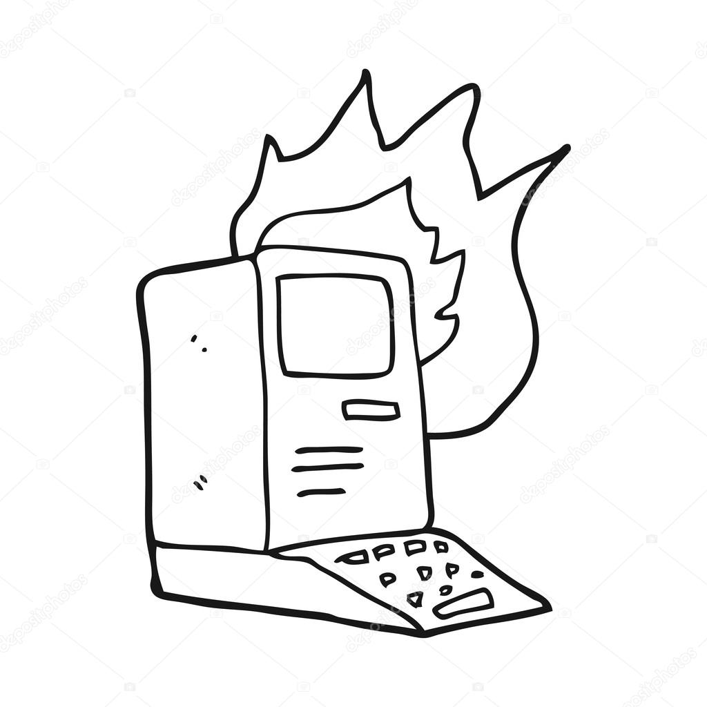 1024x1024 Black And White Cartoon Old Computer On Fire Stock Vector