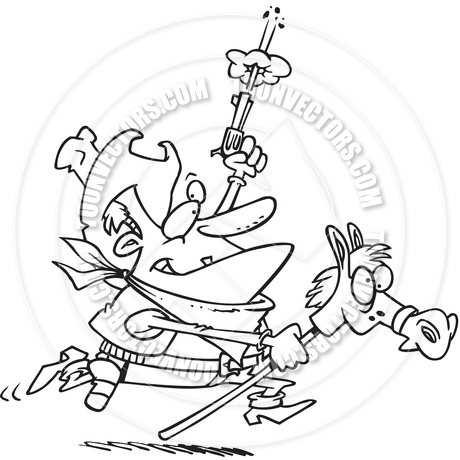 460x460 Cartoon Cowboy Riding A Hobby Horse (Black And White Line Art) By
