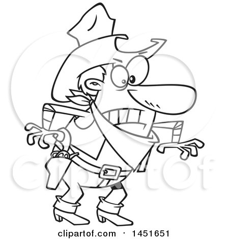450x470 Clipart Graphic Of A Cartoon Black And White Lineart Angry Cowboy