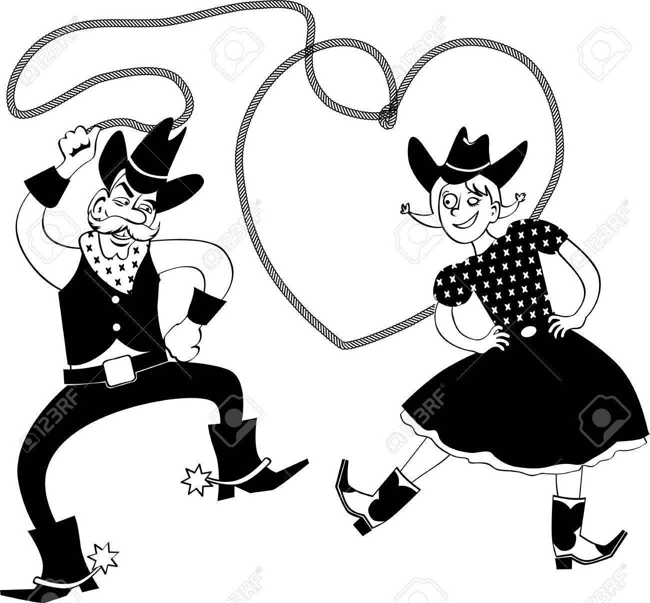 1300x1205 Funny Cartoon Cowboy And Cowgirl Dancing With A Lasso In A Shape