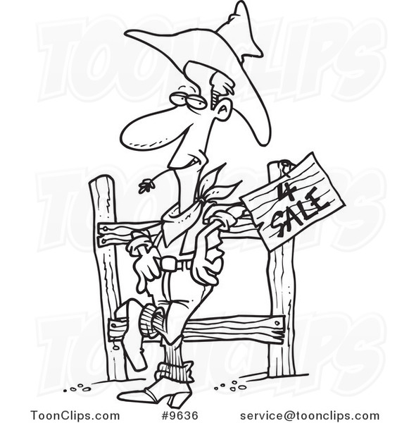 581x600 Cartoon Black And White Line Drawing Of A Western Cowboy Selling