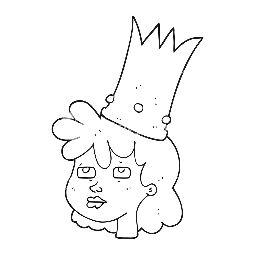 1000x1000 Freehand Drawn Black And White Cartoon Queen With Crown Royalty