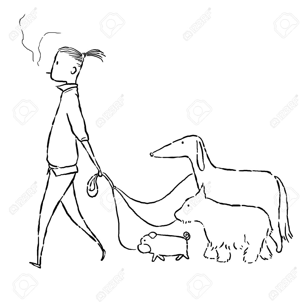 1300x1300 Image Drawing Cartoon Style Of Man Walk With Dogs Stock Photo