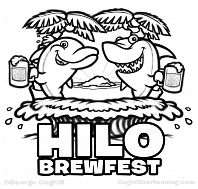 640x610 Hilo Brewfest Cartoon Logo With Dolphin Amp Shark Characters Sketch
