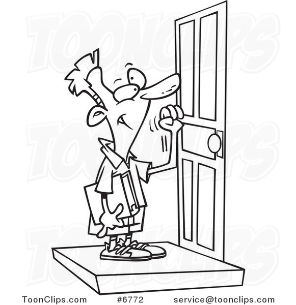 581x600 Cartoon Black And White Line Drawing Of A Boy Knocking On A Door