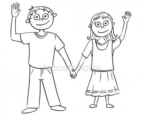 450x374 Hand Drawing Cartoon Of Happy Boy And Girl Stock Vector