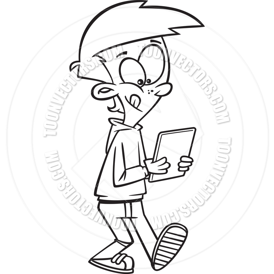940x940 Cartoon Teen Boy With Tablet (Black Amp White Line Art) By Ron