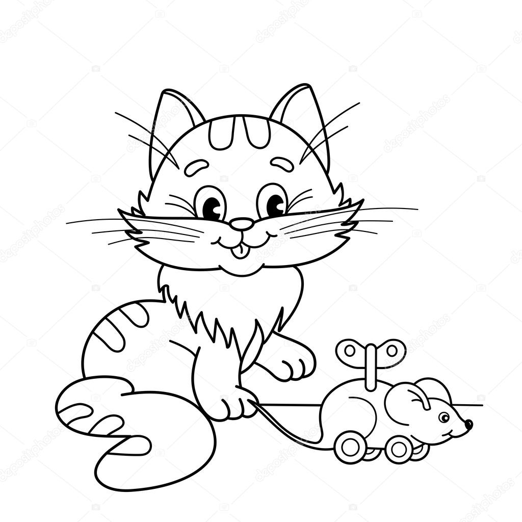 1024x1024 Coloring Page Outline Of Cartoon Cat With Toy Clockwork Mouse