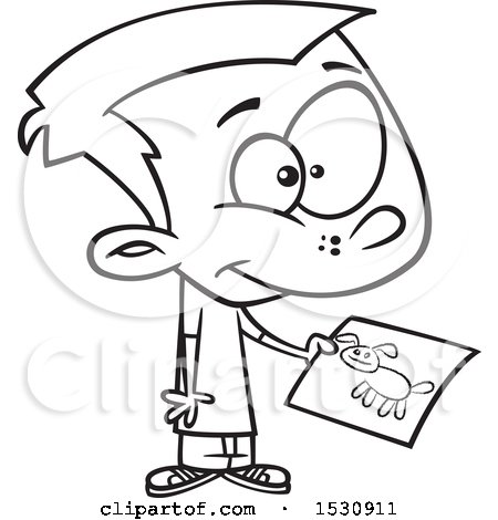 450x470 Clipart Of A Cartoon Outline Boy Holding A Drawing Of A Dog