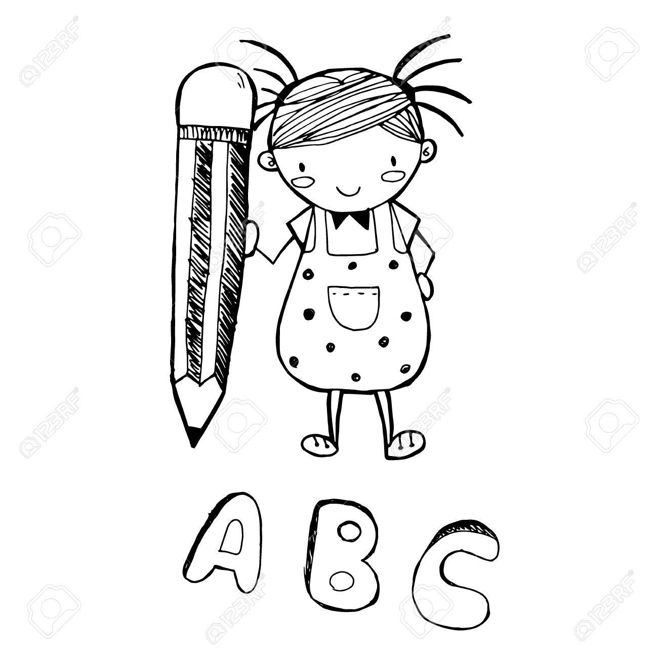 1300x1300 Cute Girl Cartoon Drawing A B C In Black Line Doodle Vector