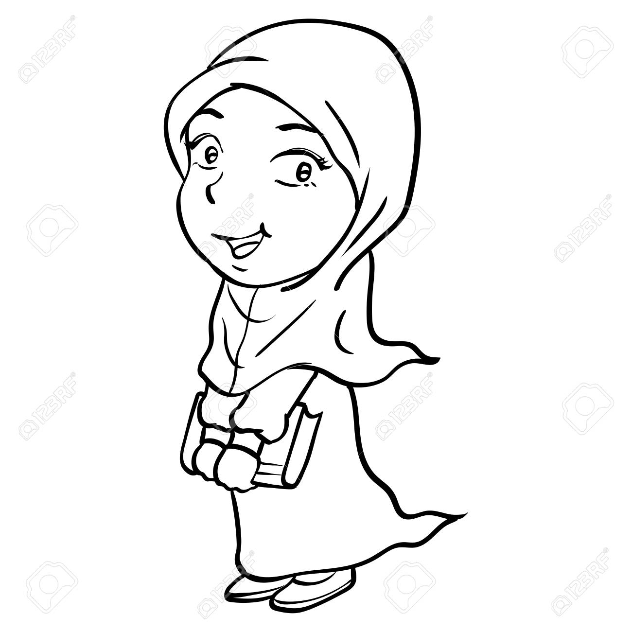 1300x1300 Hand Drawing Of Cartoon Smiley Muslim Girl Holding Book, Isolated