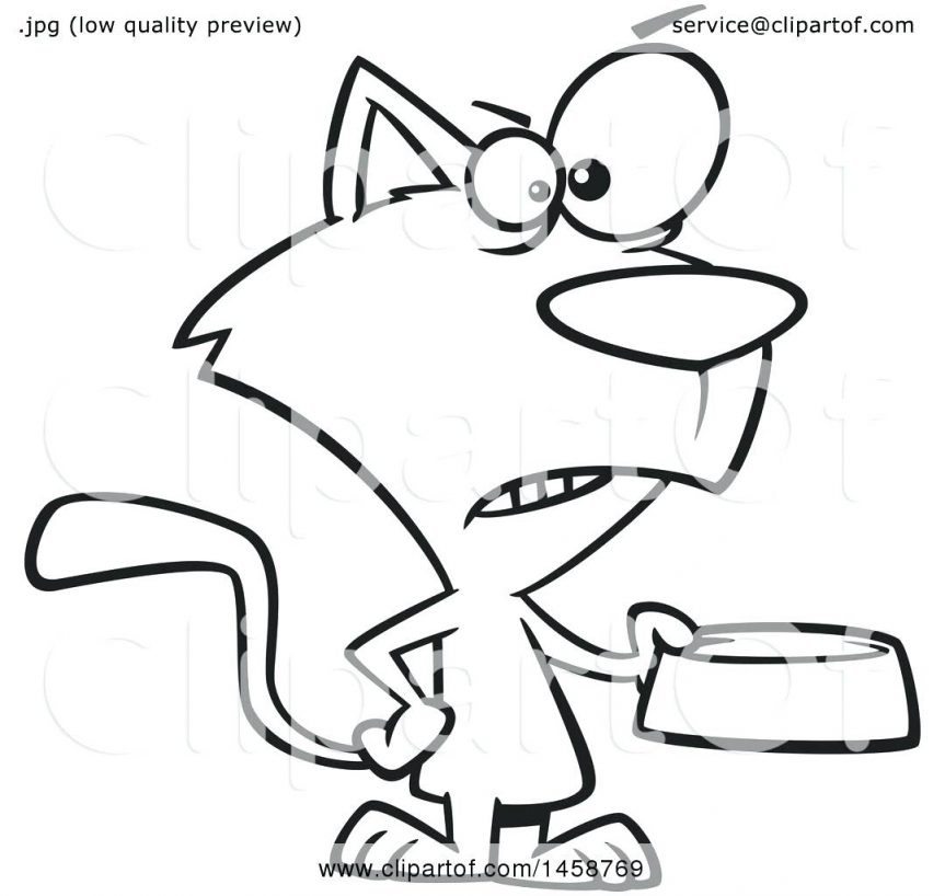 863x818 Of A Cartoon Outline Mad Cat Holding Food Bowl Royalty Free Vector