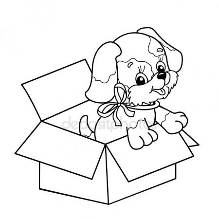 450x450 Coloring Page Outline Of Cute Puppy In Box. Cartoon Dog With Bow