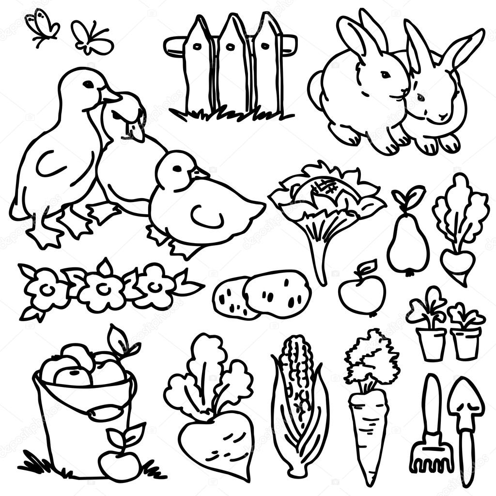 1024x1024 Coloring Book, Cartoon Farm Animals, Vegetables, Fruits