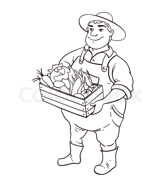 697x800 Farmer Lineart Vector Character. Cartoon Cute Fat Man In Hat