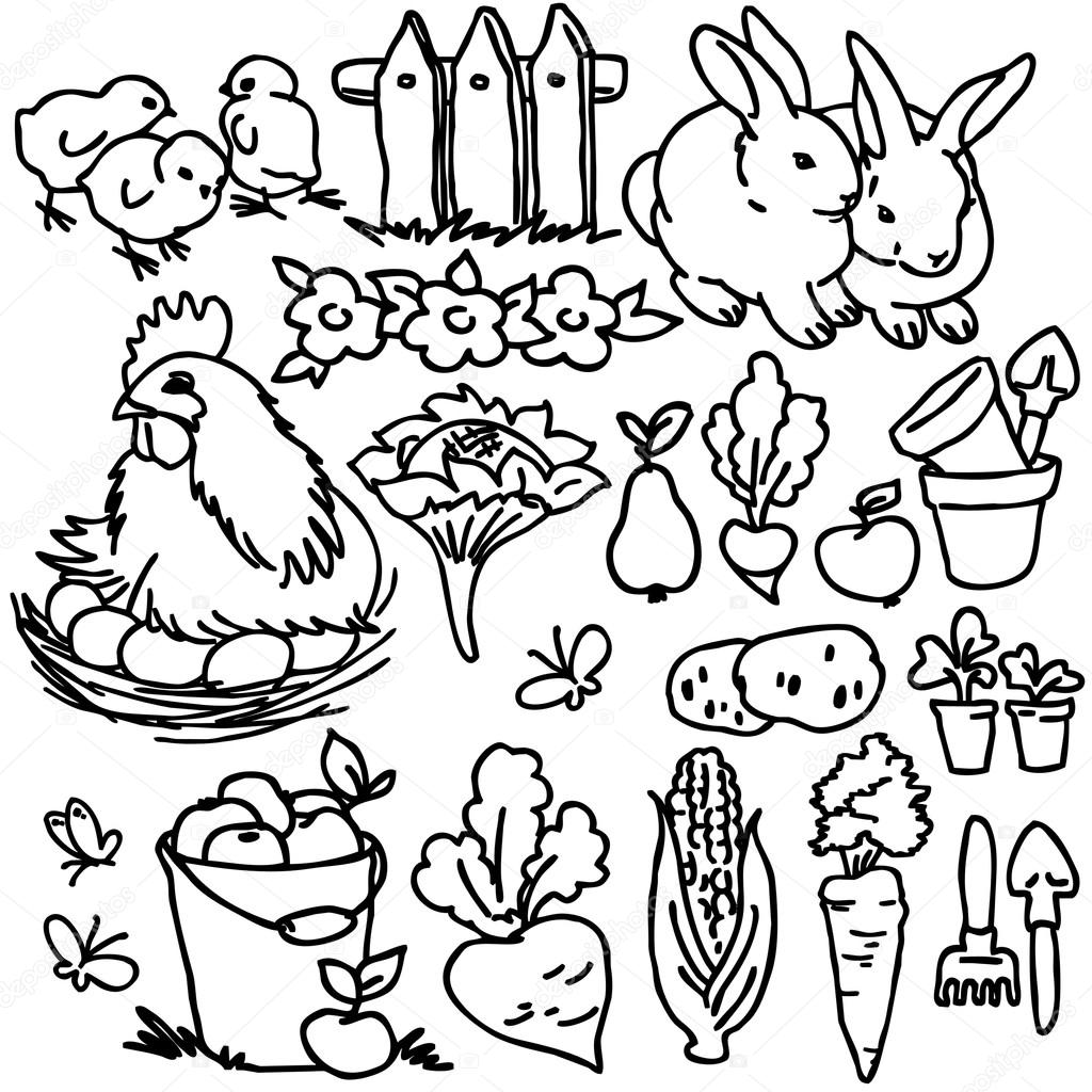 1024x1024 Cartoon Farm Animals, Vegetables, Fruits And Decoration Elements