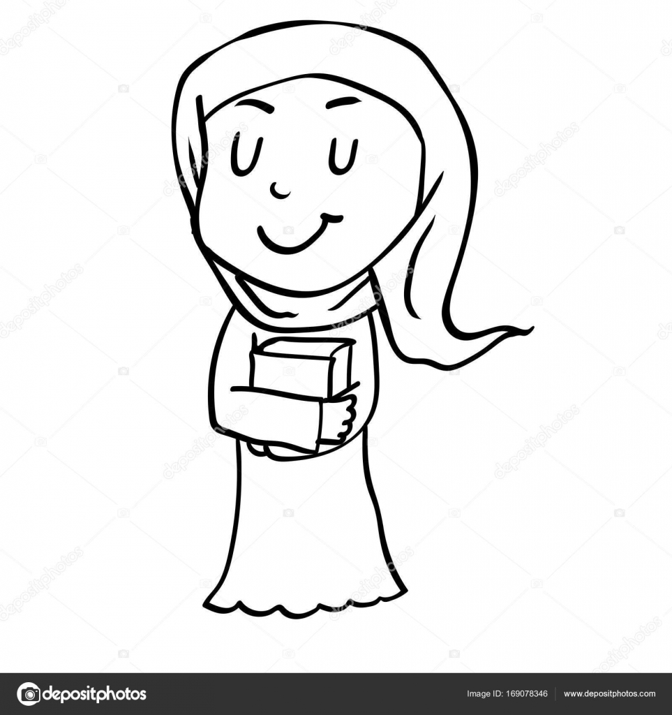 963x1024 Cartoon Muslim Girl Holding Book Vector Drawn Stock Vector