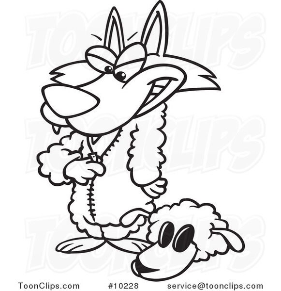 581x600 Cartoon Black And White Line Drawing Of A Wolf Dressing In Sheeps