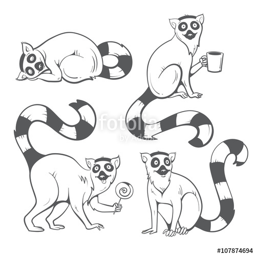 500x500 Cute Cartoon Ring Tailed Lemurs Set. Funny Four Madagascar Cats