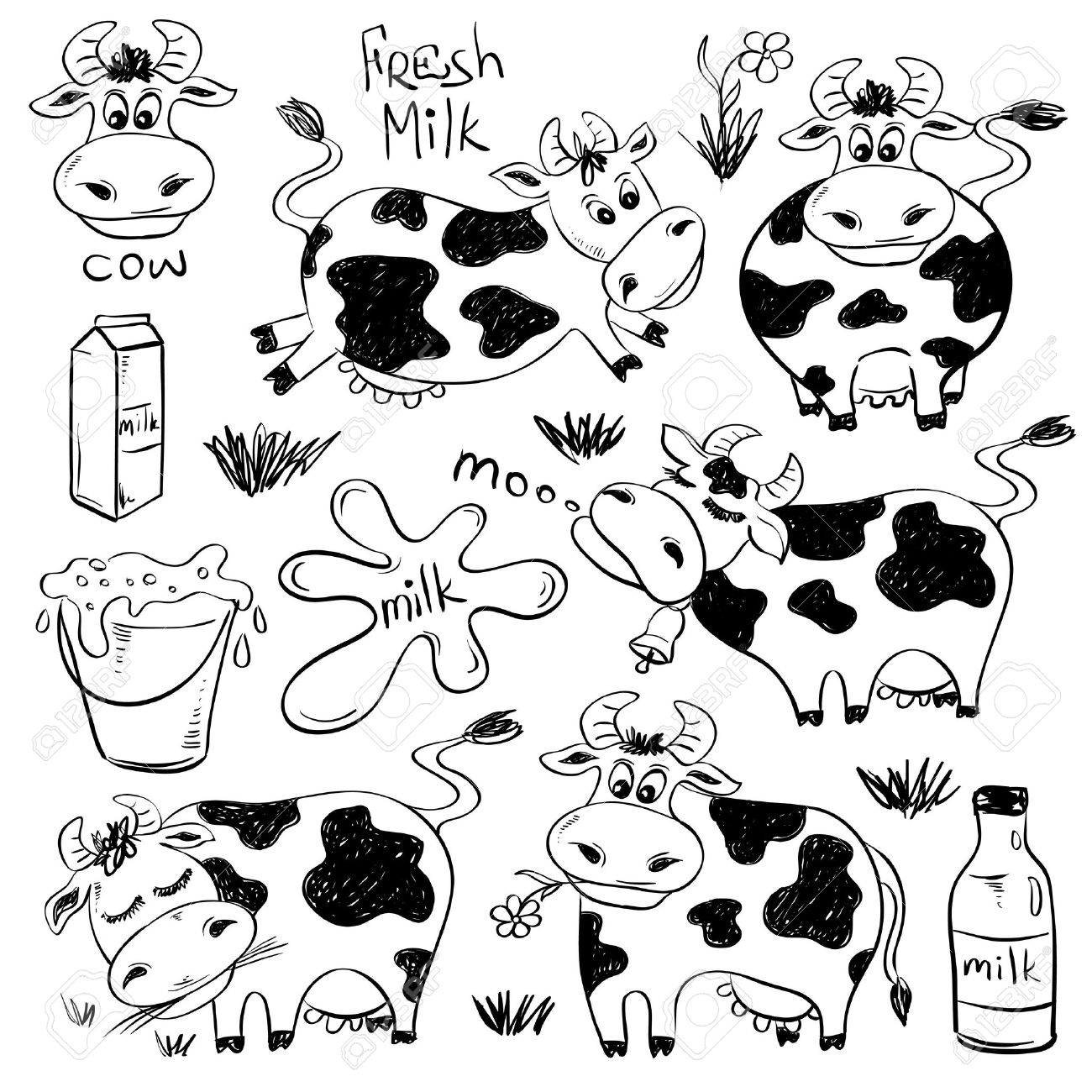 1300x1300 Set Of Isolated Funny Sketch Cow And Milk Product Icons. Cartoon