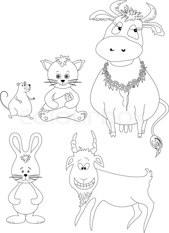 580x800 Set Cartoon Animals Cow, Cat With Sausage, Mouse, Goat, Rabbit