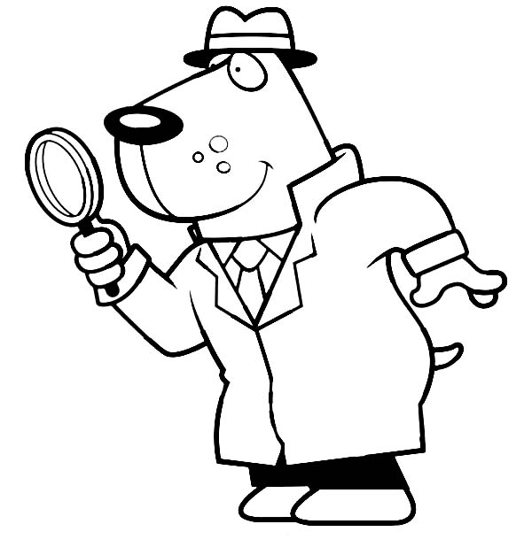 600x627 Cartoon Of A Dog Detective Using A Magnifying Glass Coloring Page