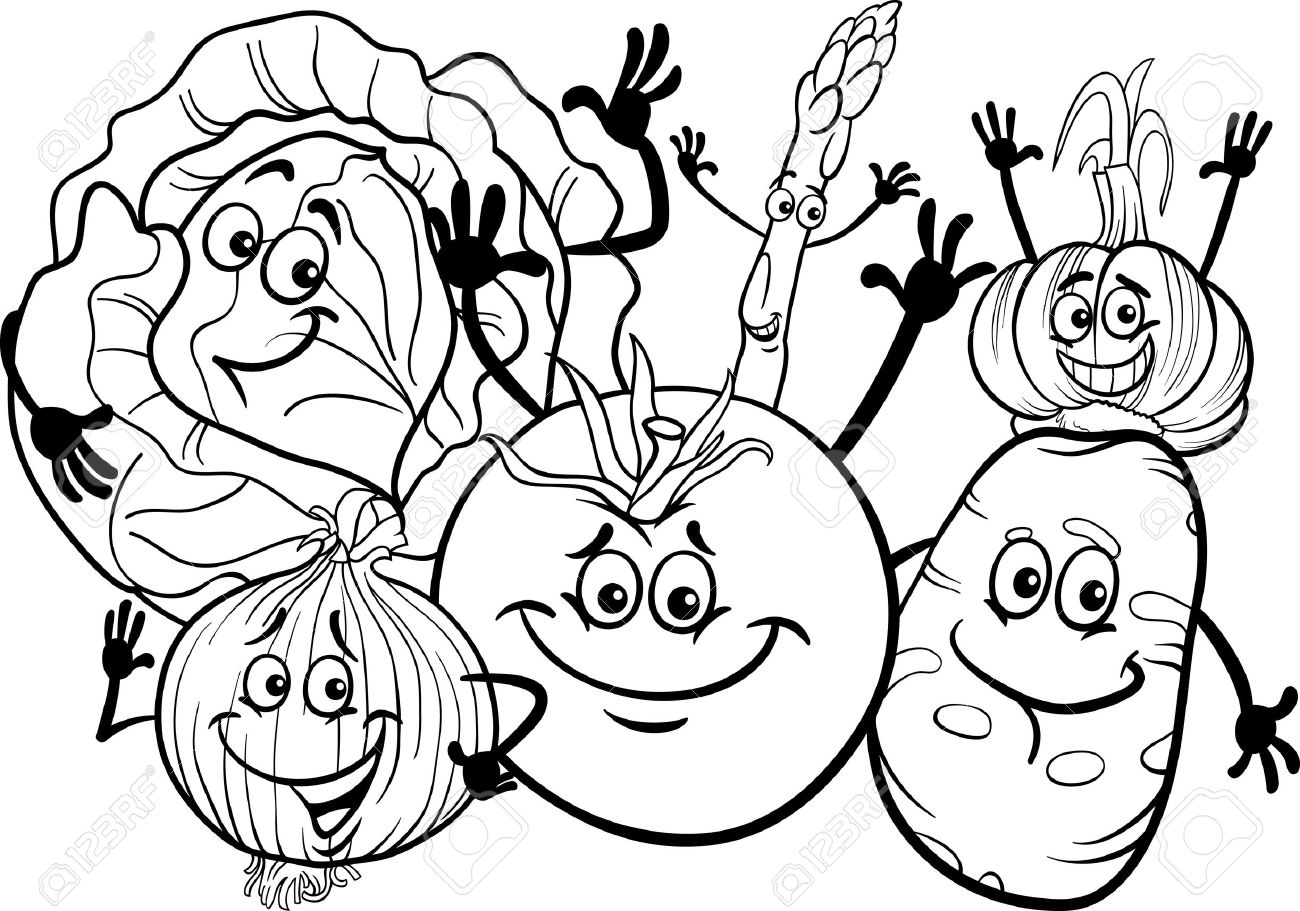 1300x911 Black And White Cartoon Illustration Of Funny Vegetables Food