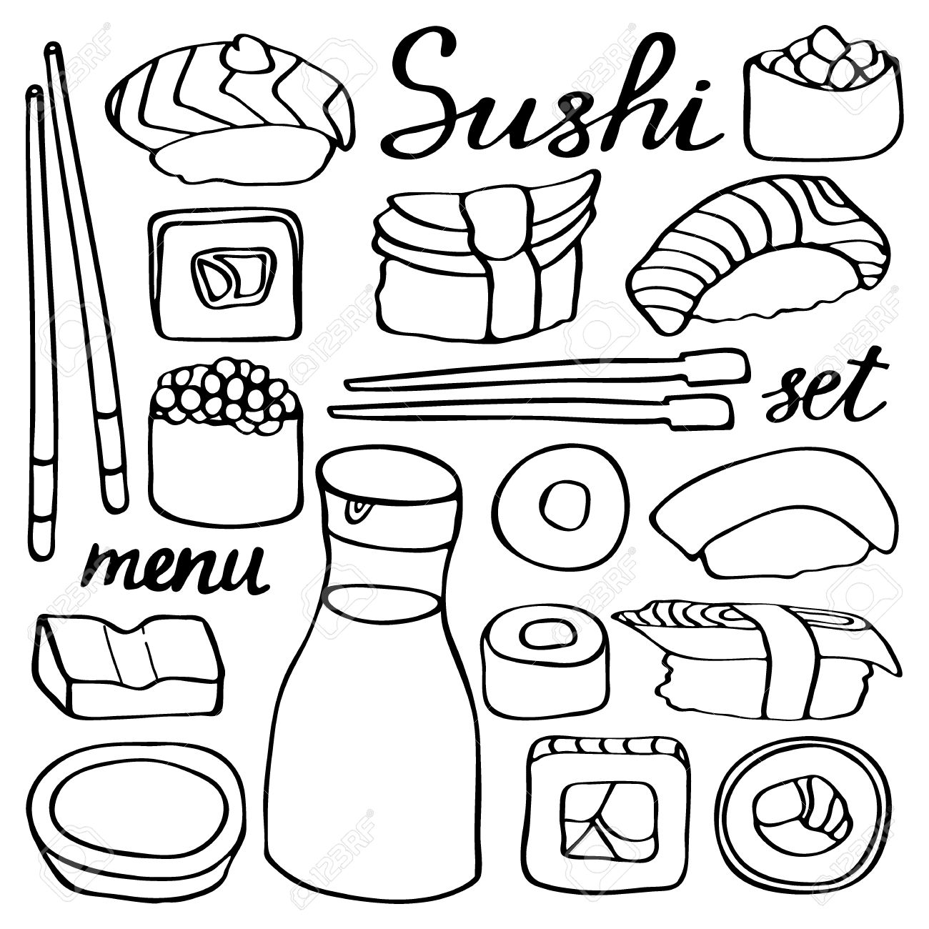 1300x1300 Sushi Set. Hand Drawn Cartoon Collection Of Japanese Food. Doodle