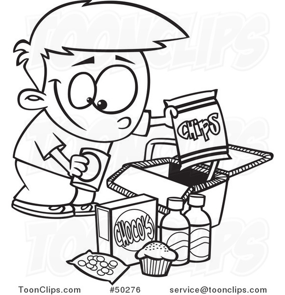 581x600 Cartoon Black And White Boy Packing Junk Food Into A Picnic Basket