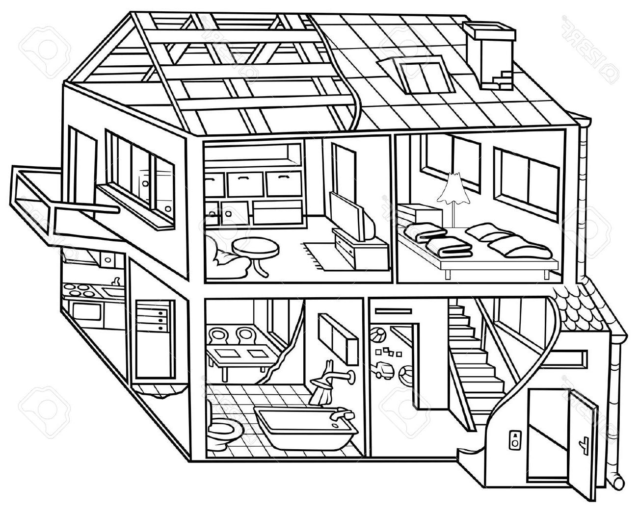 1300x1042 Unique Dwelling House Black And White Cartoon Illustration Vector