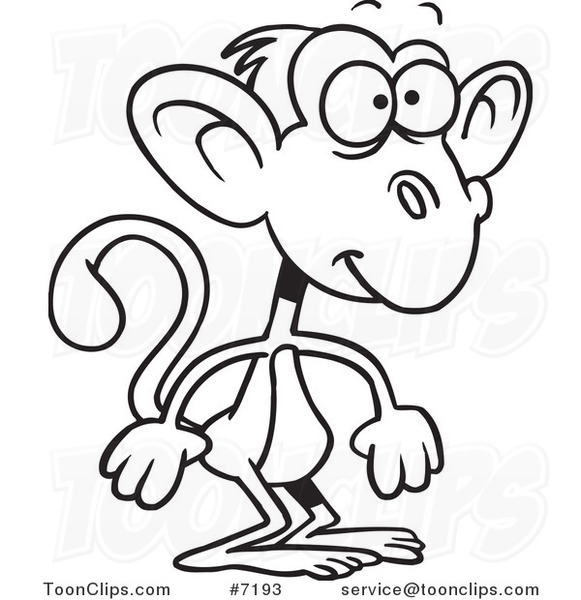 581x600 Cartoon Black And White Line Drawing Of A Standing Monkey