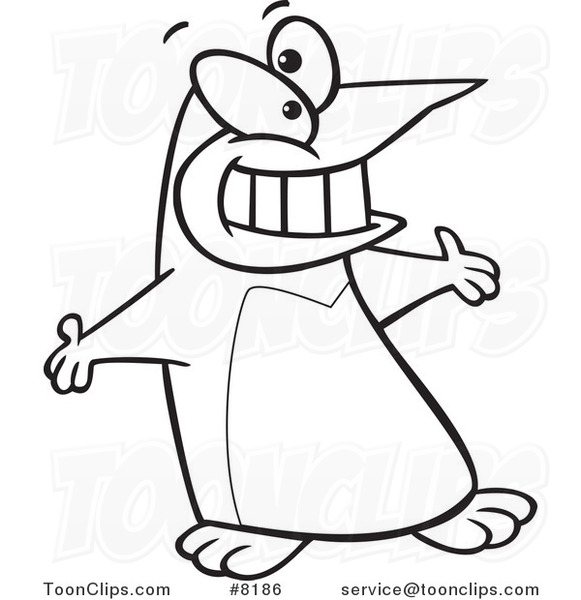 581x600 Cartoon Black And White Line Drawing Of A Welcoming Penguin
