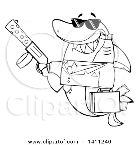 450x470 Clipart Of A Cartoon Black And White Lineart Happy Shark Mascot