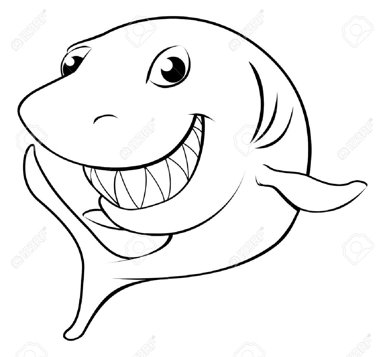 1300x1205 Black And White Illustration Of A Happy Cartoon Shark Royalty Free